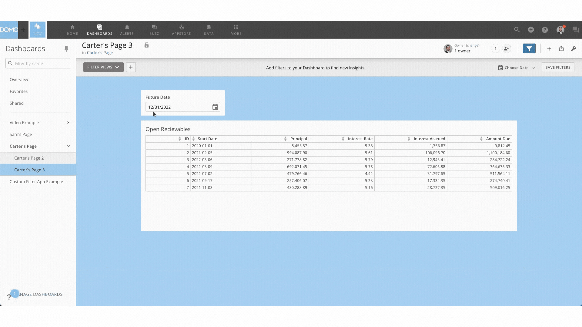 Using Domo Variables to test the amount due and interest accrued for future payment dates
