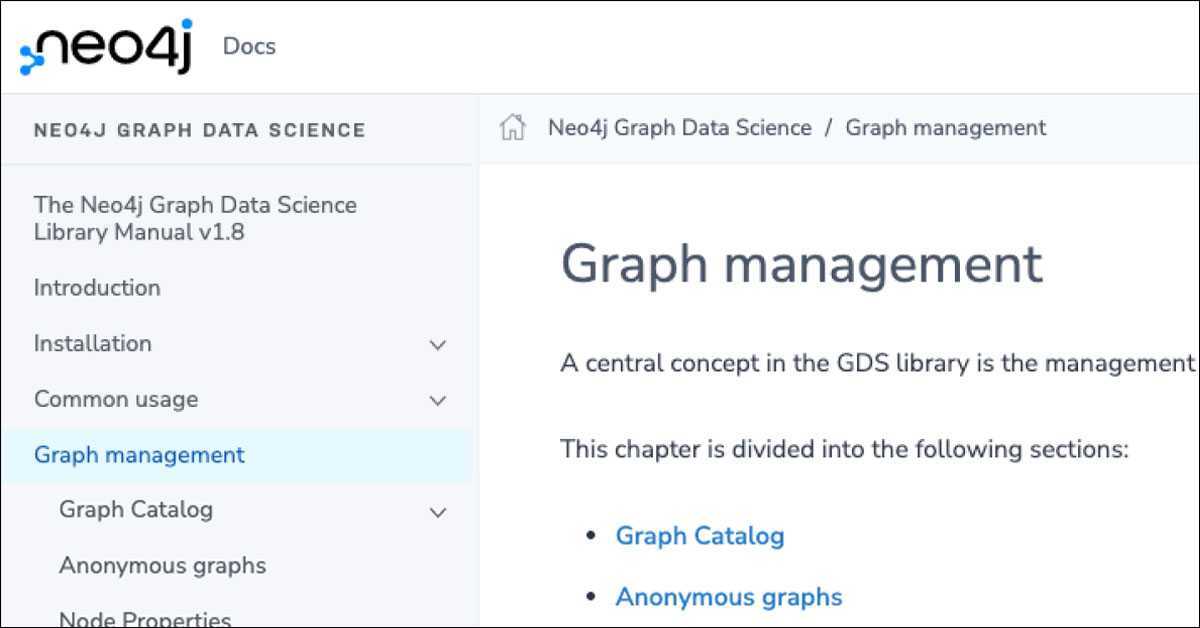 Link for Neo4j version 1.8 Graph Management in Graph Data Science Library